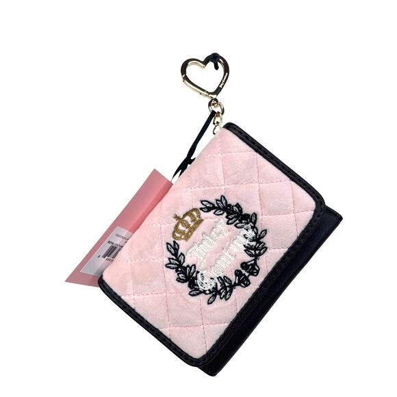 Juicy Couture Pink Quilted Velvet Wallet Card Holder Gold Heart Keychain NWT - Picture 1 of 7